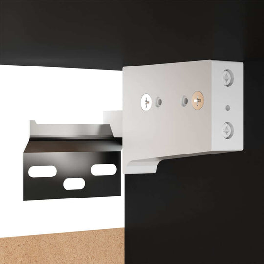 Close-up of a metal mounting bracket for wall-mounted cabinets, showcasing screws and installation features.