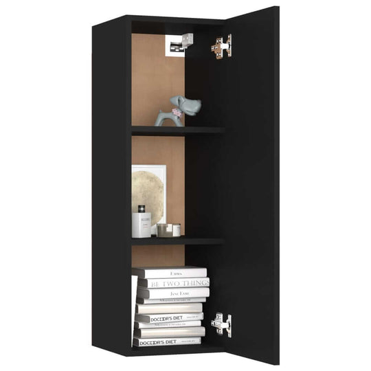 Black wall-mounted cabinet with shelves for books and decor, perfect for modern living room style.