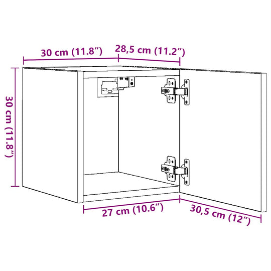 Dimensions of wall mounted TV cabinet showing 30 cm width, 30 cm height, and 30.5 cm depth in a simple design.