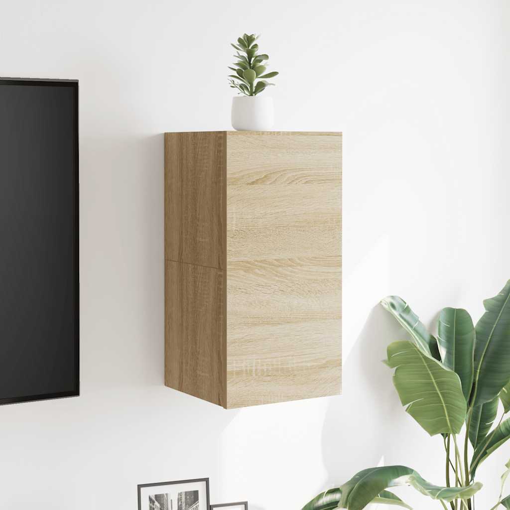 Wall mounted TV cabinet in Sonoma Oak with green plant, perfect for modern furniture decor and storage solutions.