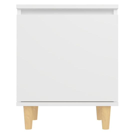 Bed cabinet with solid wood legs in white, featuring a minimalist design and one storage compartment for essentials.