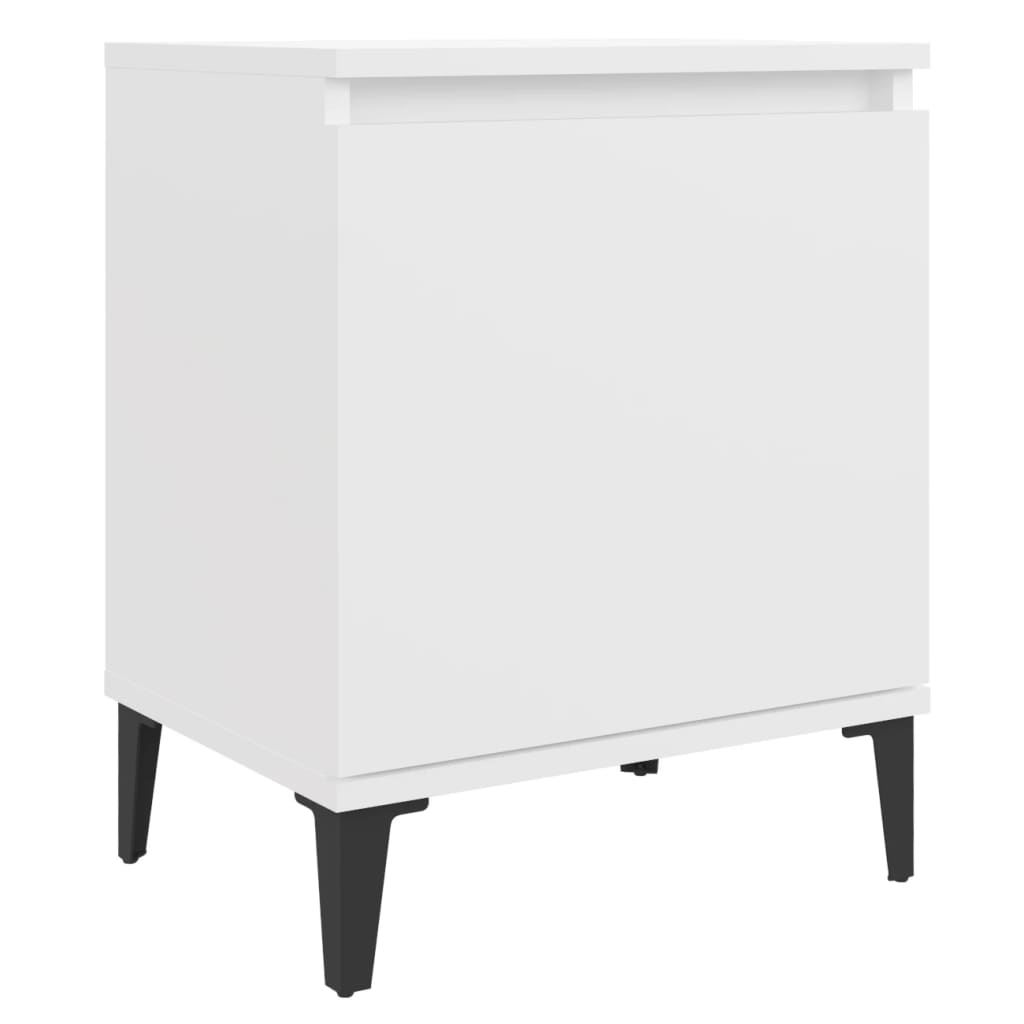 White bed cabinet with metal legs, modern industrial design, ample storage, compact size 40x30x50 cm, versatile nightstand.