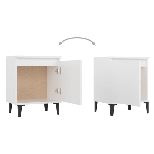 Bed cabinet with metal legs, white finish, showing open compartment, versatile left/right opening for easy access to storage.