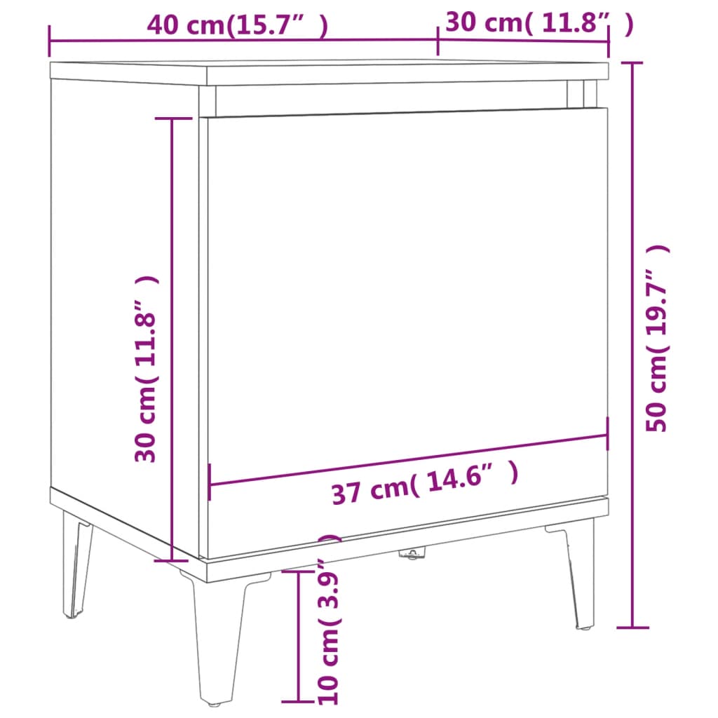 Bed cabinet with dimensions 40x30x50 cm, featuring white finish and metal legs, perfect for modern furniture needs.