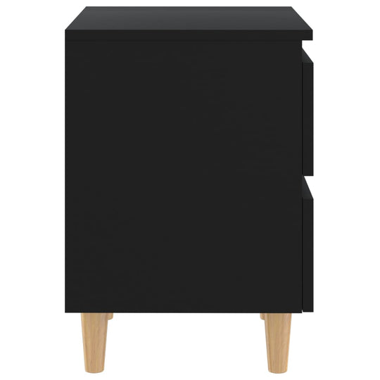 Black bed cabinet with solid pinewood legs, featuring two drawers for storage, showcasing Scandinavian charm and modern design.