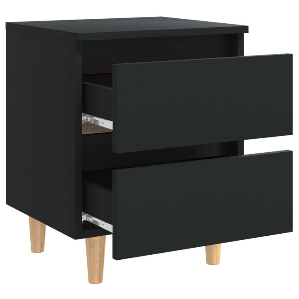 Black bed cabinet with solid pinewood legs and two drawers, perfect for Scandinavian-style interior decor.