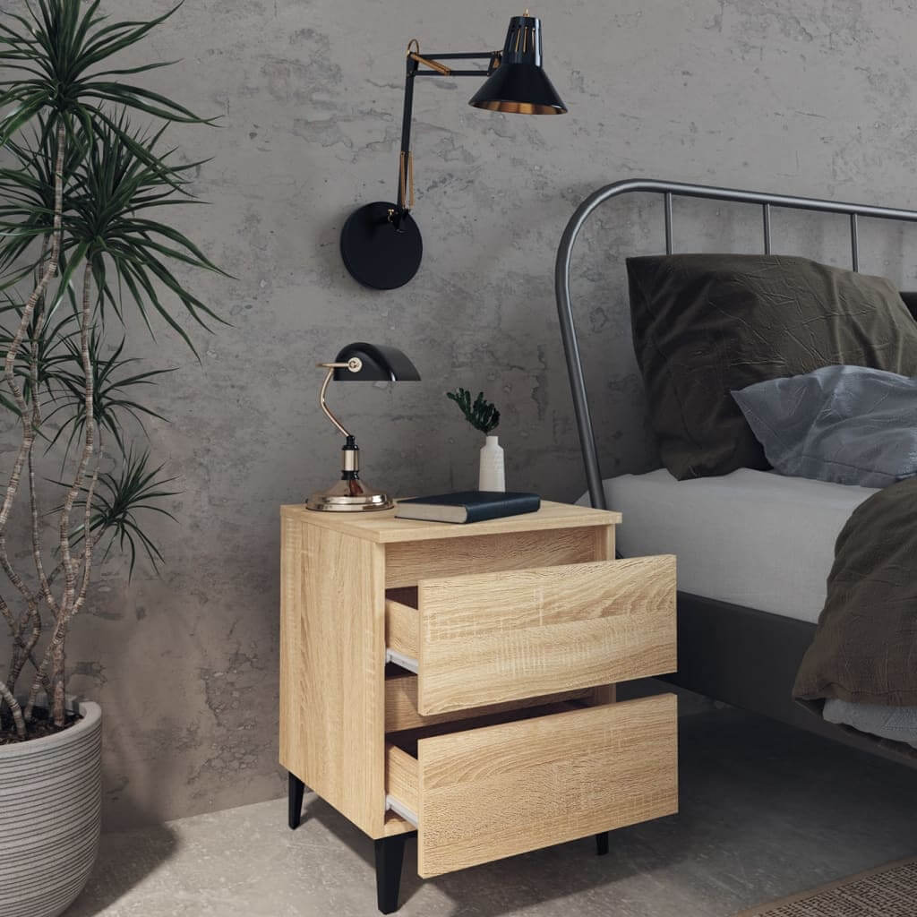 Bed Cabinets 2 pcs Sonoma Oak 40x35x50 cm Engineered Wood with drawers, industrial design, placed beside a bed in a modern bedroom setting.