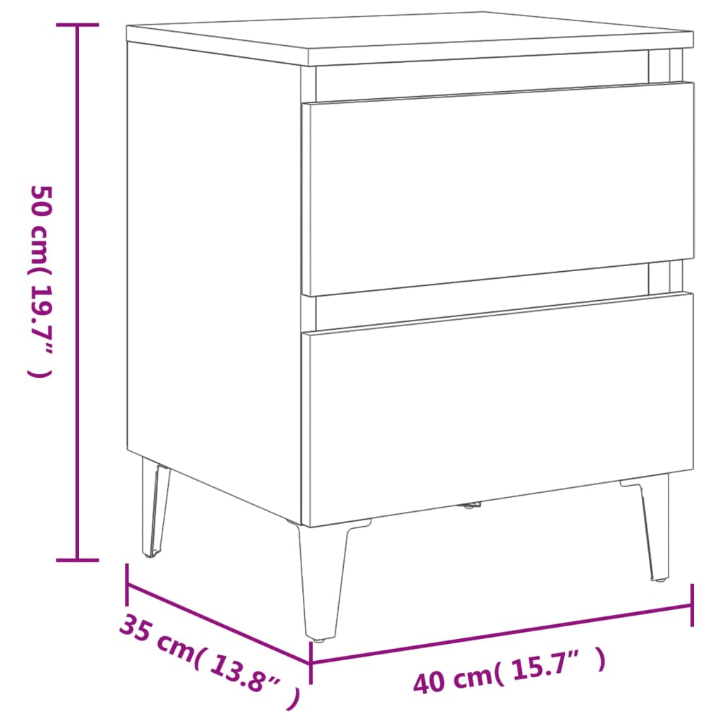 Dimensions of Bed Cabinets 2 pcs Sonoma Oak 40x35x50 cm Engineered Wood, featuring two drawers and metal legs.