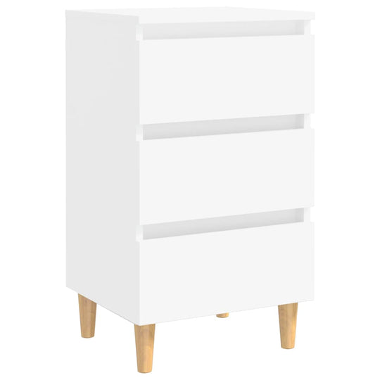 Sleek white bed cabinet with solid wood legs and three drawers for stylish bedroom storage. FURNITURE, أثاث.