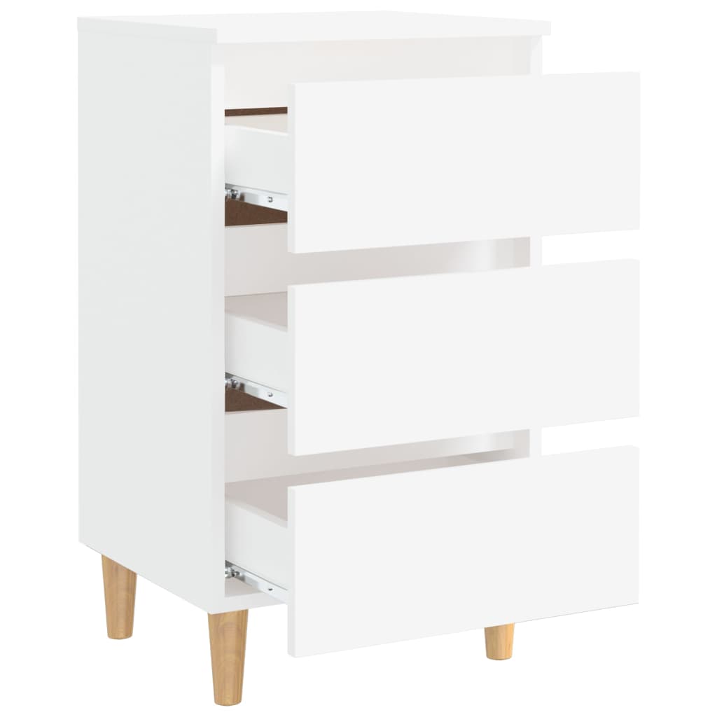 Bed cabinets with solid wood legs, three storage drawers, white finish, stylish Scandinavian design, 40x35x69 cm.