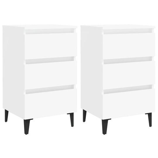 Two stylish white bed cabinets with three drawers and metal legs, perfect for modern furniture and bedroom organization.