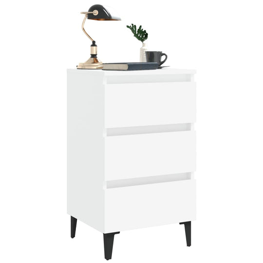 White bed cabinet with metal legs and three drawers, ideal for stylish bedroom organization and storage solutions.