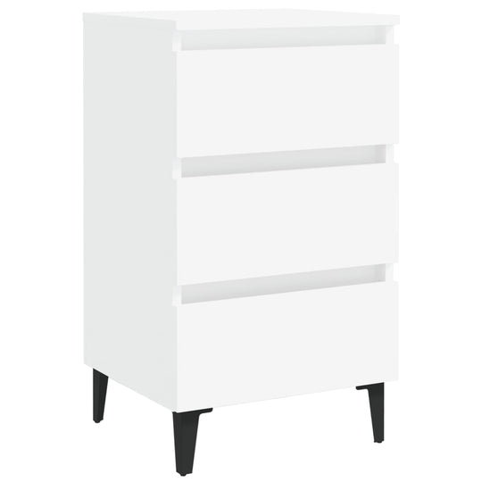 White bed cabinet with three drawers and metal legs, stylish furniture for organized storage in modern interiors.