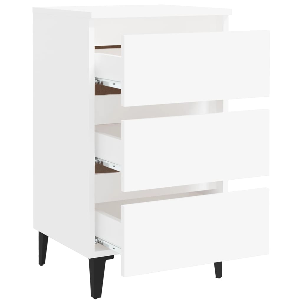 White bed cabinet with metal legs and three drawers for ample storage, perfect for bedroom furniture or outdoor spaces.