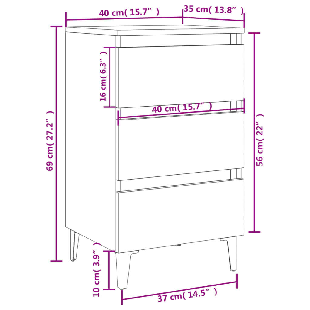 Bed cabinet dimensions diagram with metal legs, featuring 3 drawers for storage, size 40x35x69 cm. Ideal for modern furniture setups.