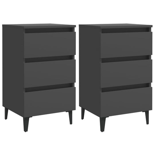 Bed cabinets with metal legs, grey finish, featuring three drawers for storage, stylish and industrial design.