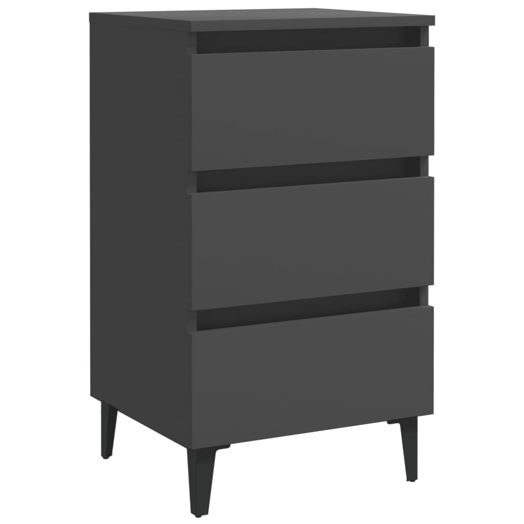 Bed cabinet with metal legs in grey featuring three drawers for storage, stylish and modern furniture for any bedroom.