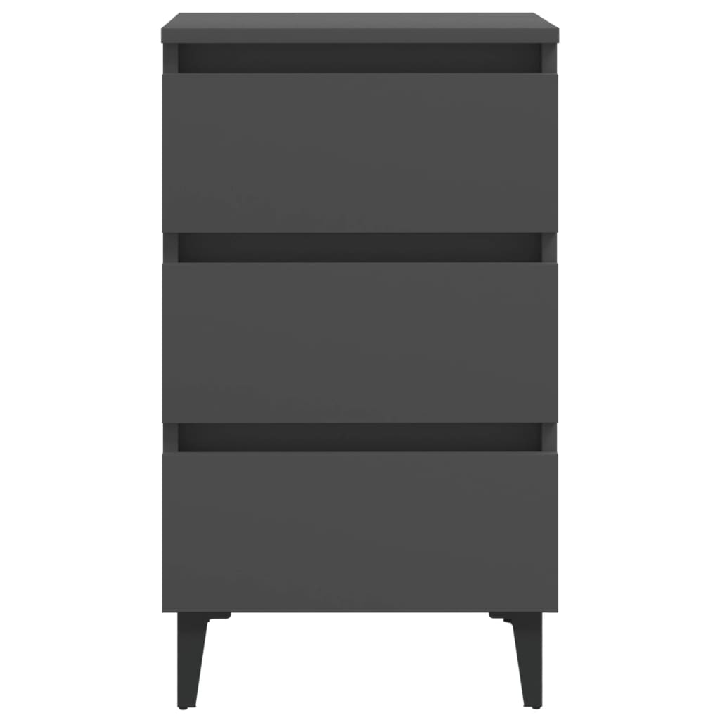 Grey bed cabinet with metal legs and three drawers for ample storage, perfect for modern bedroom furniture.