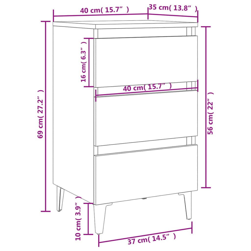 Bed cabinet dimensions illustration with three drawers and metal legs, measuring 40x35x69 cm, in grey color.