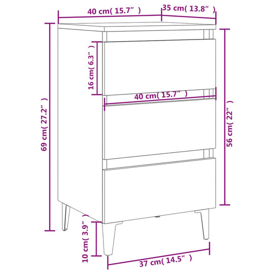 Bed cabinet dimensions illustration with three drawers and metal legs, measuring 40x35x69 cm, in grey color.