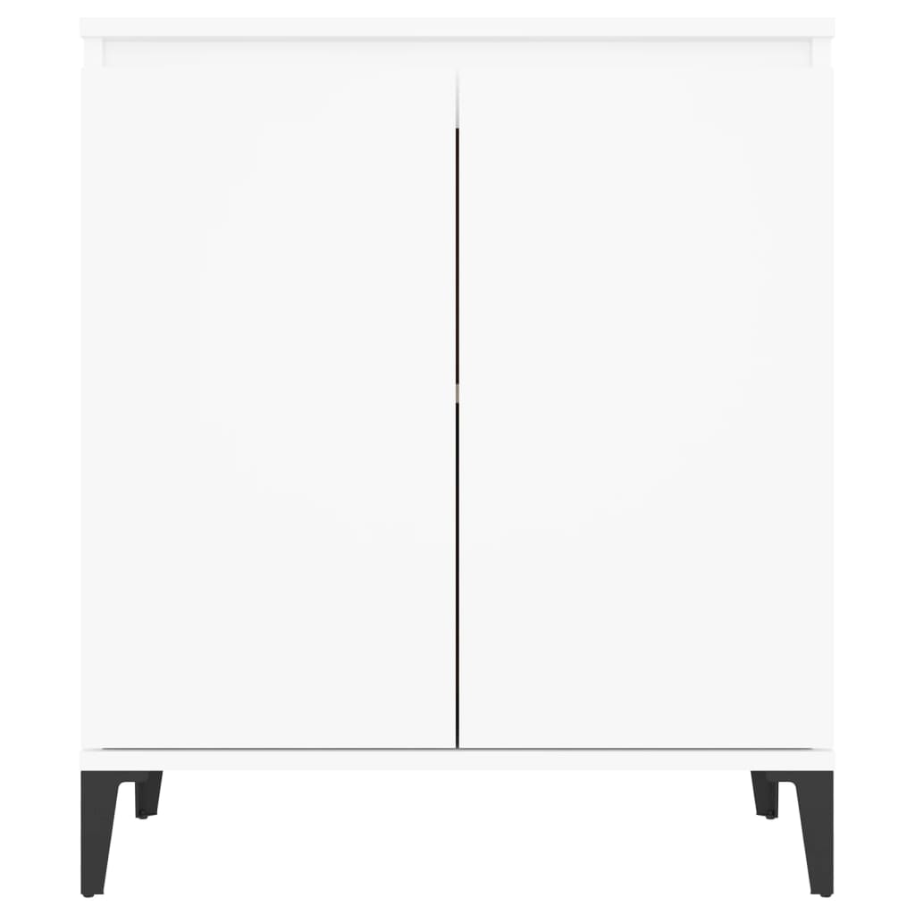 White sideboard with two doors and metal legs, industrial style furniture for storage and display, 60x35x70 cm.