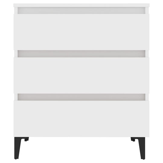 White sideboard cabinet with three drawers and black metal legs, perfect for storage and display in any room.