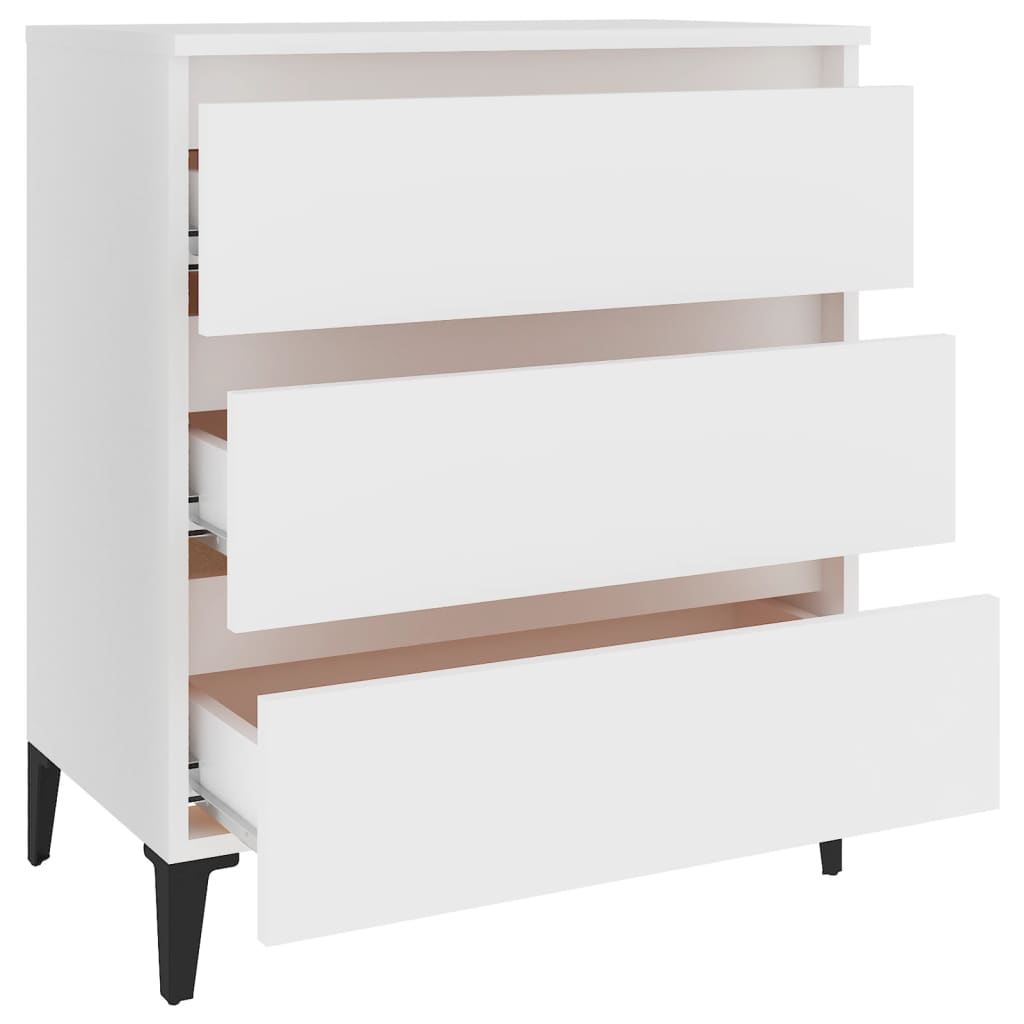 White sideboard with three drawers and metal legs, perfect for storage and featuring an industrial design.