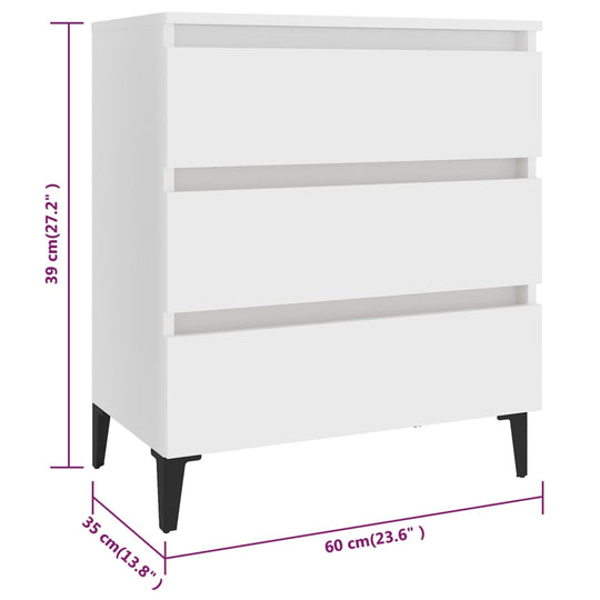 Sideboard in white with three drawers, dimensions 60x35x69 cm, featuring industrial style and sturdy legs, ideal for storage.