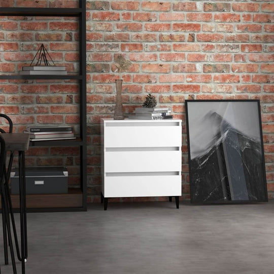 Modern white sideboard with three drawers in brick wall setting, ideal for stylish storage and decor.