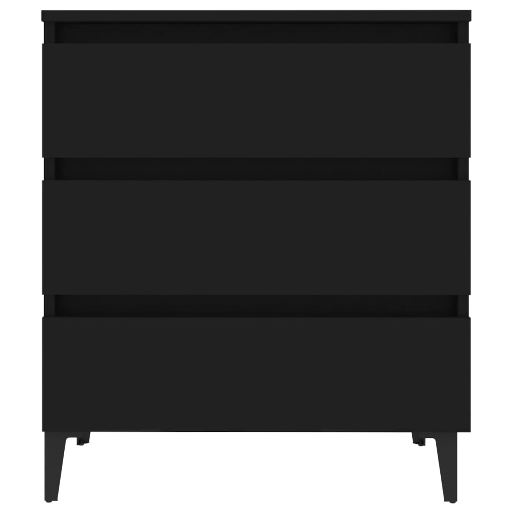 Black sideboard with three drawers and metal legs, ideal for storage and displaying decor in an industrial-style room.