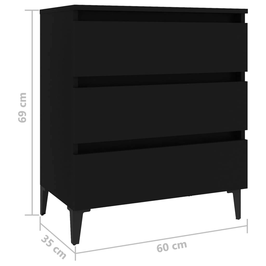 Black sideboard with three drawers, dimensions 60x35x69 cm, featuring a sturdy design and industrial style.