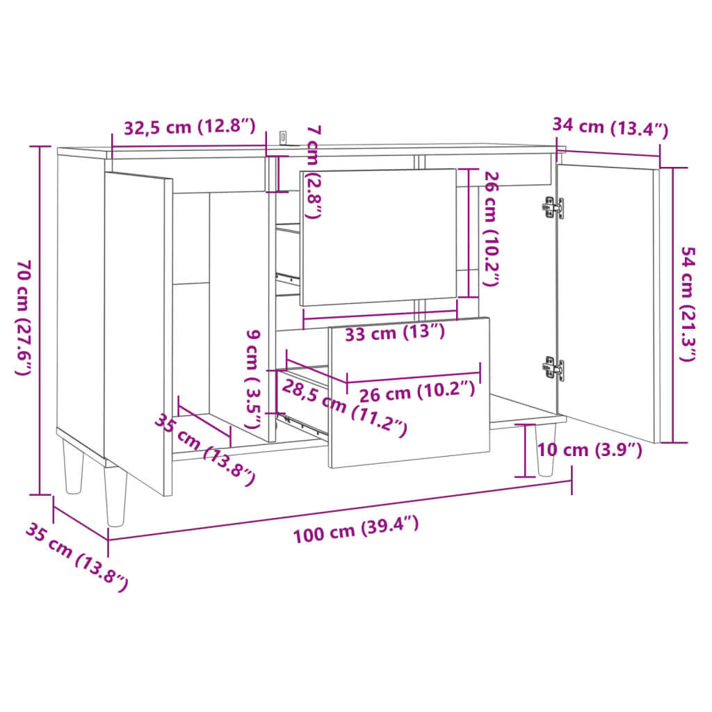 Sideboard dimensions schematic in concrete grey, showcasing storage features and measurements for furniture.