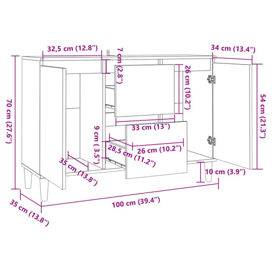 Sideboard dimensions schematic in concrete grey, showcasing storage features and measurements for furniture.