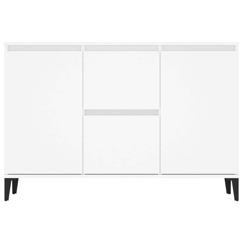 White sideboard with two drawers and two doors, featuring metal legs for stability, ideal for storage and decoration.