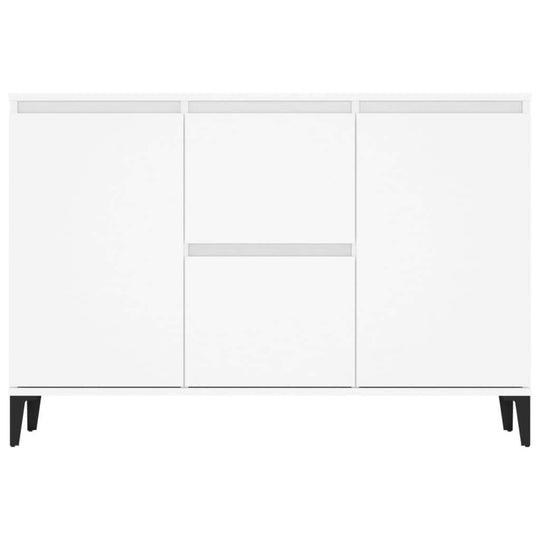 White sideboard with two drawers and two doors, featuring metal legs for stability, ideal for storage and decoration.