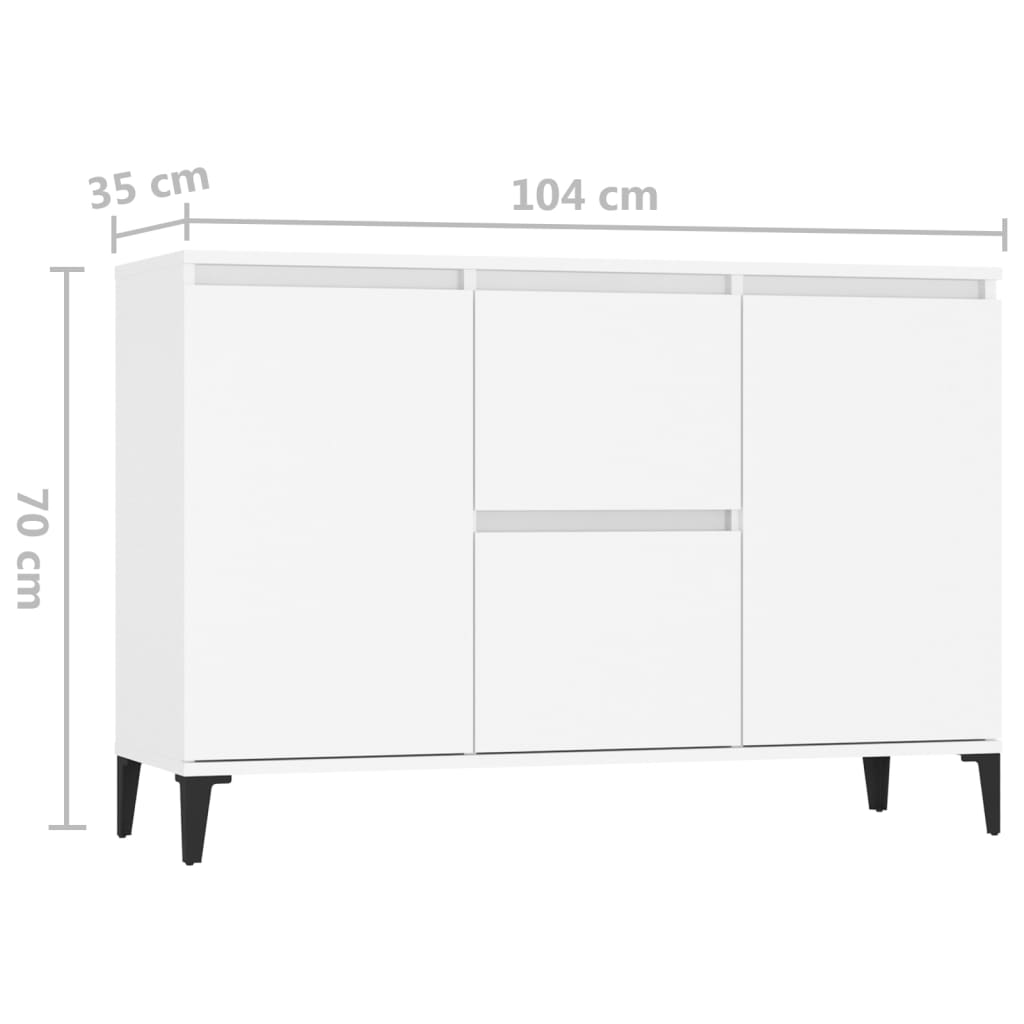 White sideboard with metal legs, dimensions 104x35x70 cm, featuring 2 doors and 2 drawers for ample storage space.