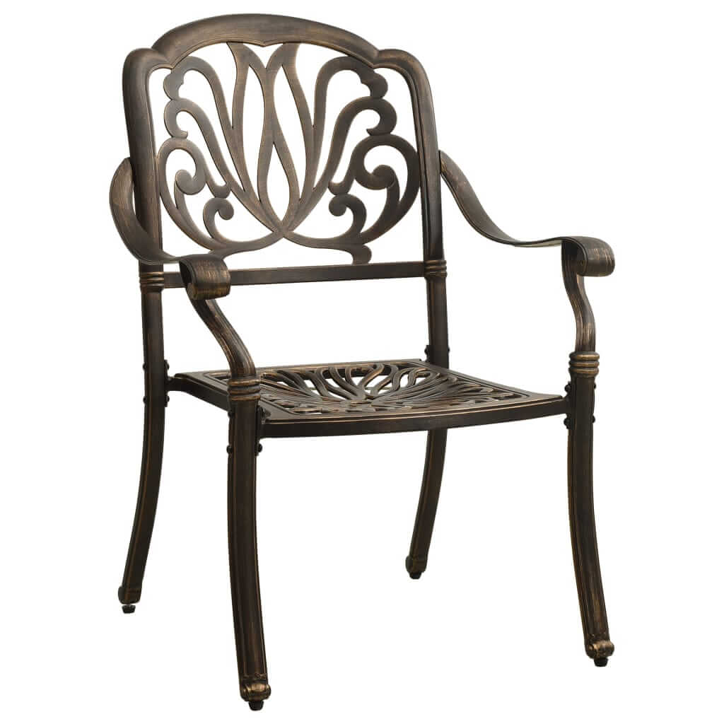 Elegant bronze cast aluminium outdoor chair with intricate patterns, ideal for bistro set or patio seating.