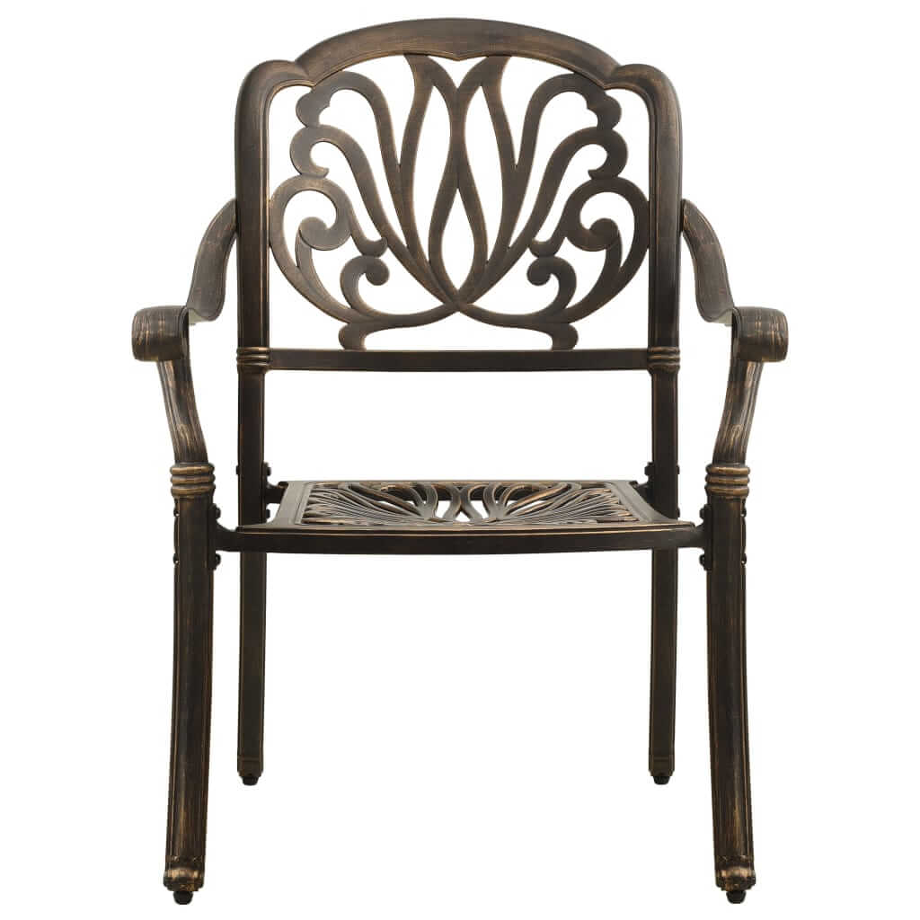 Front view of a cast aluminium bronze bistro chair with elegant floral design, perfect for outdoor seating.