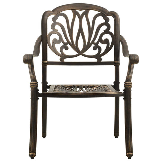 Front view of a cast aluminium bronze bistro chair with elegant floral design, perfect for outdoor seating.