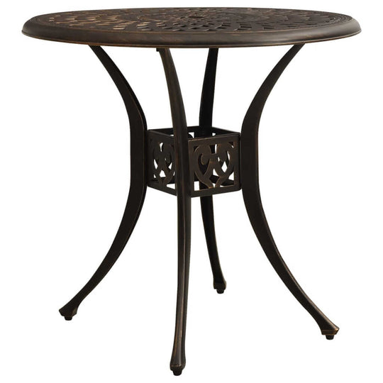 Round cast aluminium bistro table with intricate patterns, sturdy legs, and a weather-resistant finish, perfect for outdoor settings.