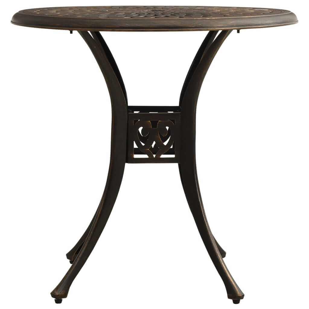 Elegant cast aluminium bistro table with intricate patterns, perfect for outdoor dining and durable in all weather.