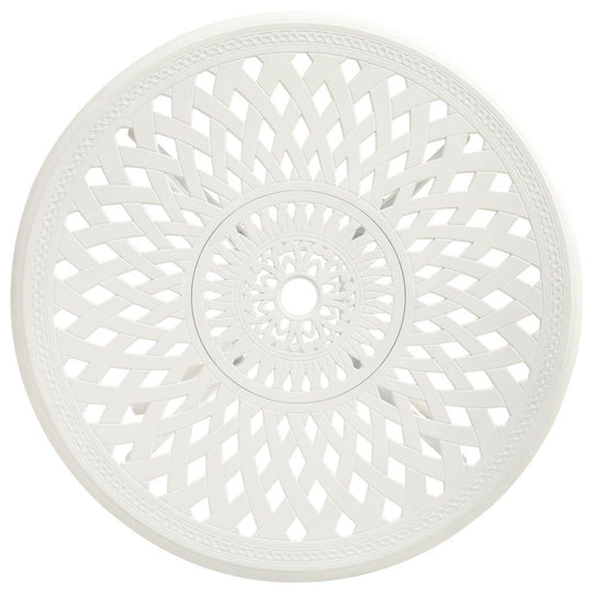 Round white cast aluminium table top with intricate lattice pattern for outdoor bistro set.