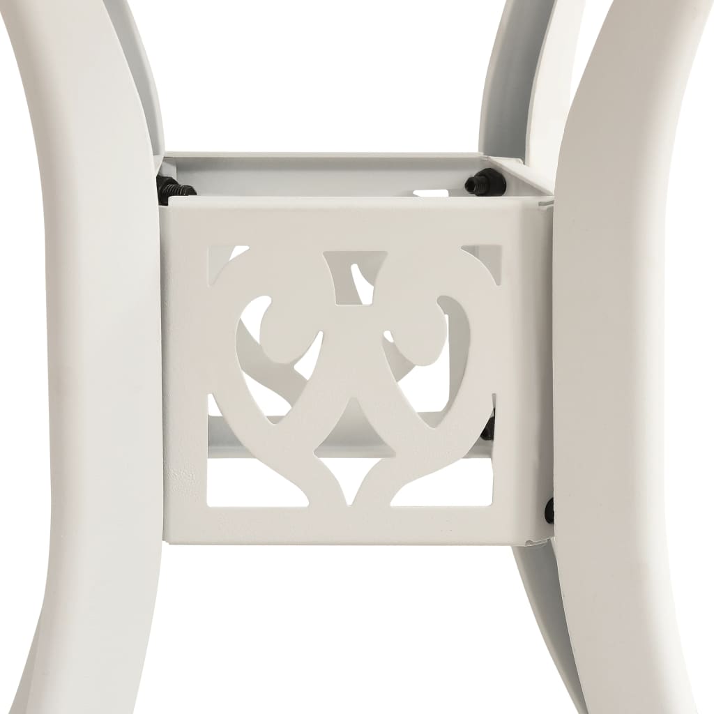 Elegant white cast aluminum bistro set leg detail showcasing intricate pattern design for outdoor decor.