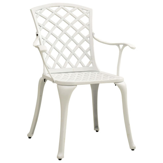 White cast aluminium bistro chair with elegant lattice design, perfect for outdoor seating. Rust-resistant and durable.