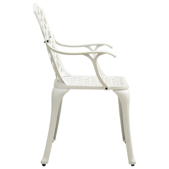 Side view of a white cast aluminium chair, showcasing elegant patterns and durable design for outdoor seating.