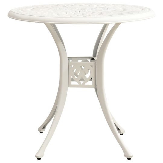 White cast aluminium bistro table with elegant patterns and sturdy design, perfect for outdoor dining and seating.