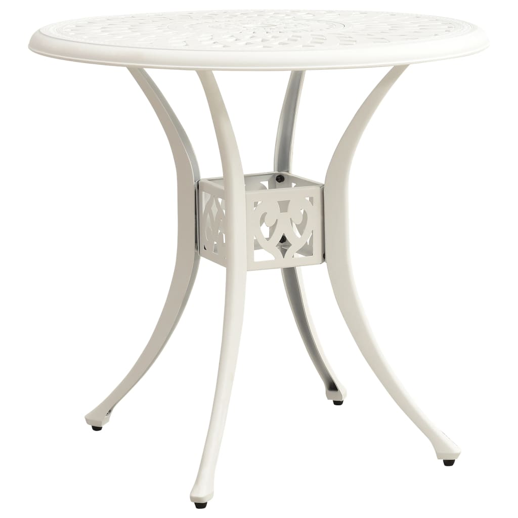 Elegant white cast aluminium bistro table featuring beautiful patterns, perfect for outdoor dining and gatherings.