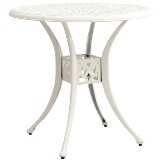 Elegant white cast aluminium bistro table featuring beautiful patterns, perfect for outdoor dining and gatherings.