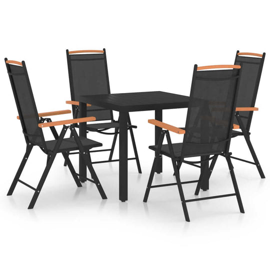 5 piece garden dining set with adjustable black aluminium chairs and a square table, ideal for outdoor furniture relaxation.