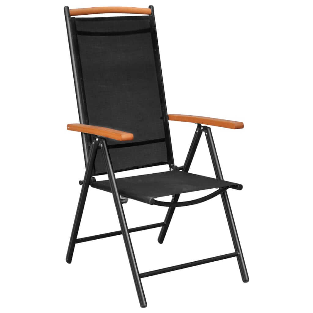 Adjustable black garden chair with wooden armrests, perfect for outdoor dining and lounging in comfort.